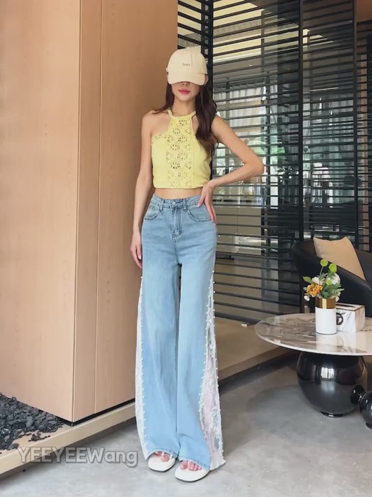 YEEYEEWang Wide-Leg jeans video, Asian model shows high-waisted wide-leg fit in multiple washes, hands-on-hips and leg-lift moves highlighting drape and lace-pearl side panels