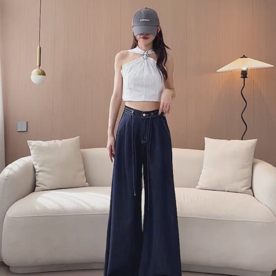 YEEYEEWang Wide-Leg jeans video: Asian model walks and turns in Denim Blue high-waist wide-leg jeans with drawstring belt, elastic back waist and white-stitched hems, showing flowy drape.