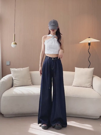 YEEYEEWang Wide-Leg jeans video: Asian model walks and turns in Denim Blue high-waist wide-leg jeans with drawstring belt, elastic back waist and white-stitched hems, showing flowy drape.