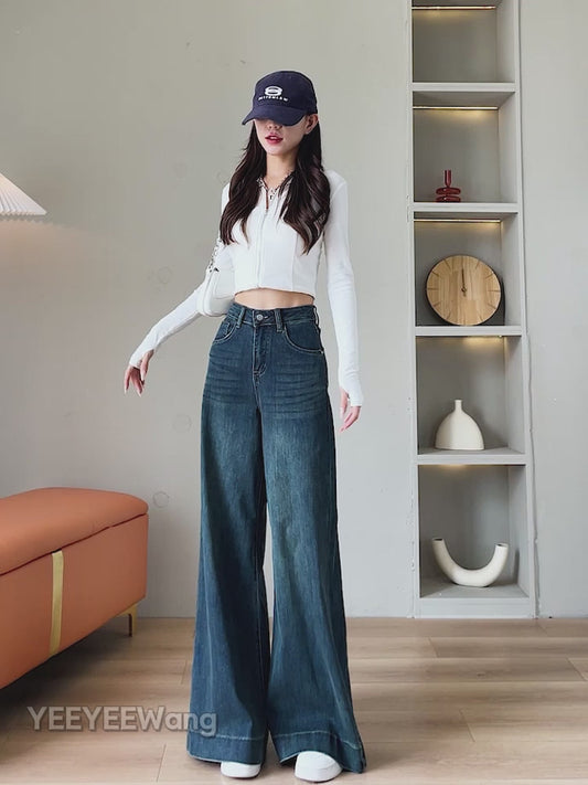 YEEYEEWang - Wide Leg Denim Pants – Designed for Asian Fit, High Waist & Tummy Control