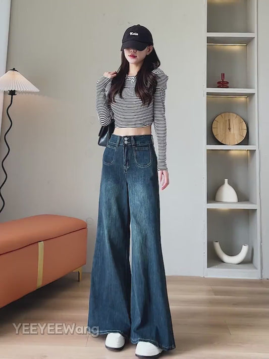 YEEYEEWang wide-leg jeans video showcasing multiple color washes, Asian-fit cut, fluid drape on Asian model.