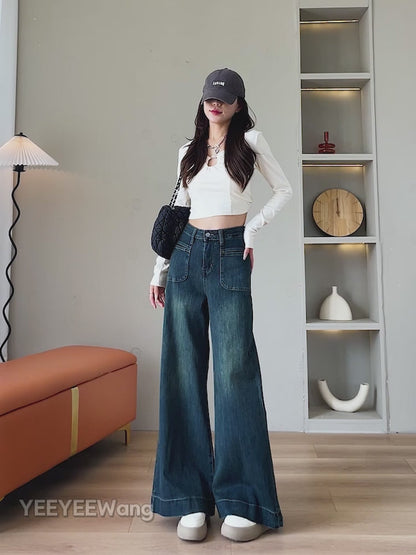YEEYEEWang - Vintage Blue Wide Leg Jeans â€?Bell Bottom, High Waist, Loose Fit