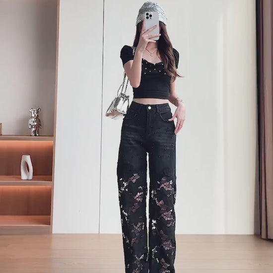 YEEYEEWang Wide-Leg jeans video: Asian model in Solid Black high-waist jeans with lace paneling and rhinestones, posing, turning and lifting leg to show drape and sheer lace details